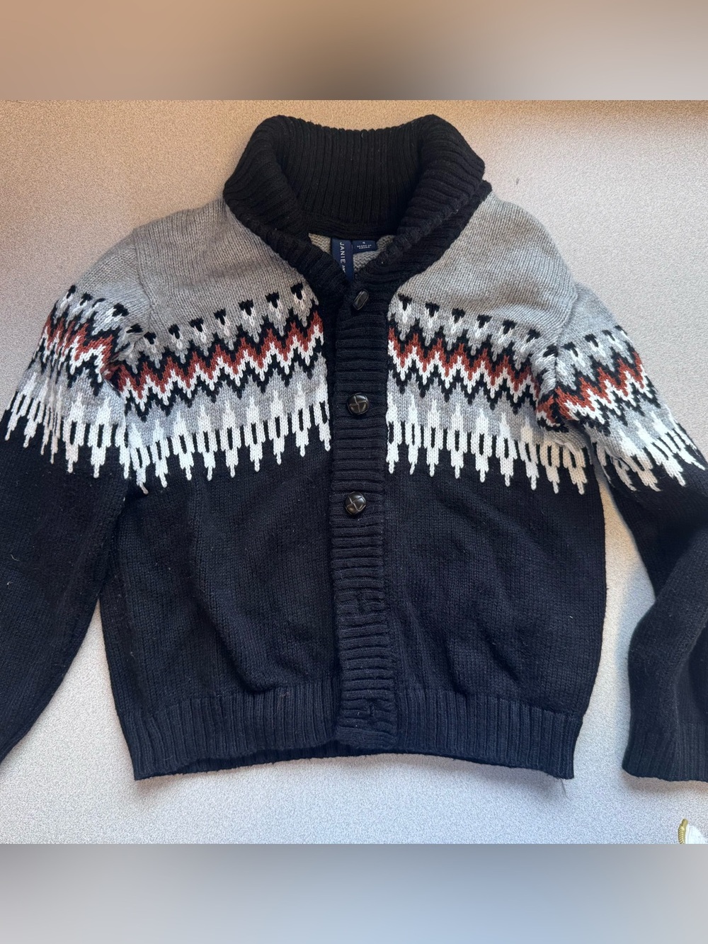 Janie and Jack Black and Gray Fair Isle Shawl Collar Cardigan 4T